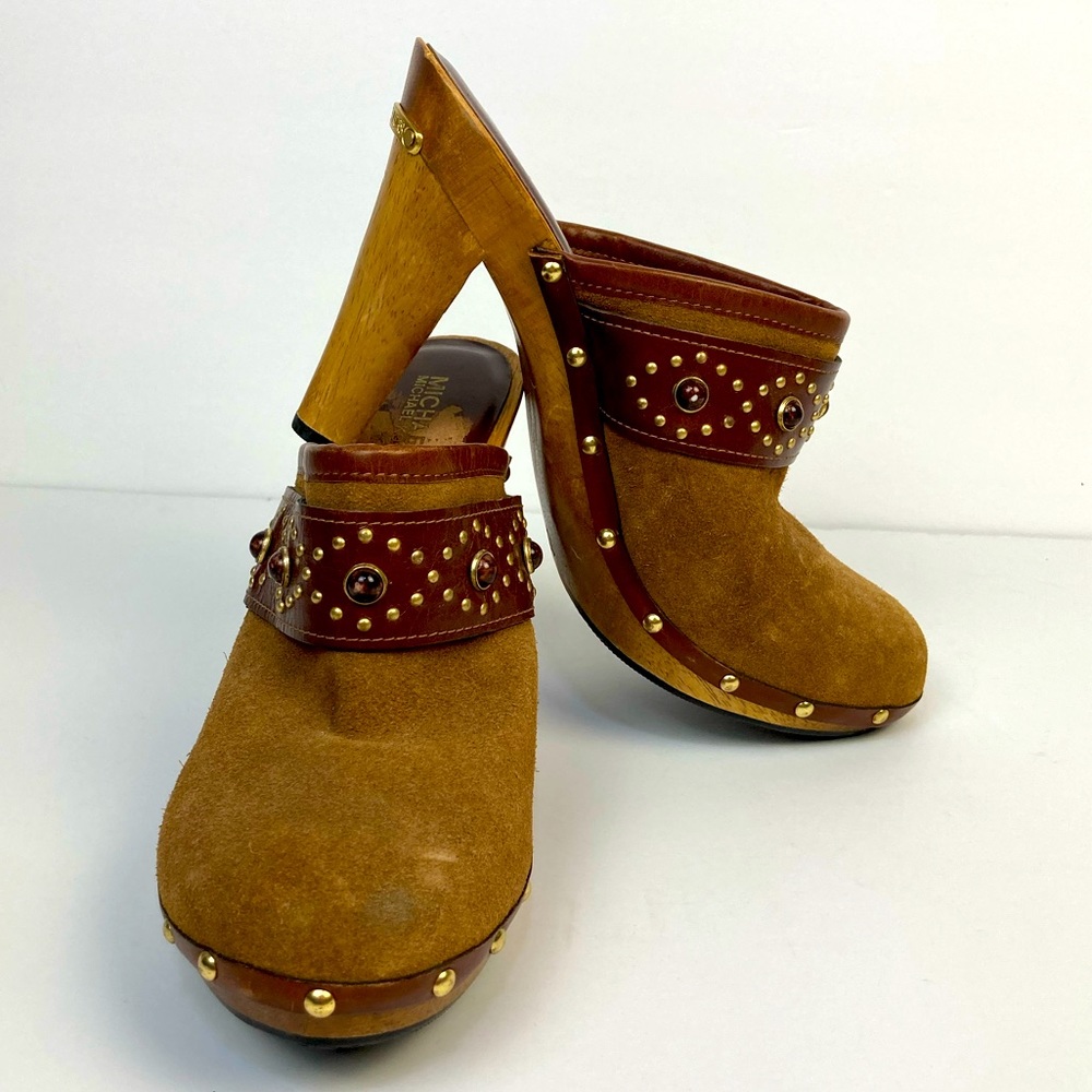 Michael Kors Leather Suede Studded Mules Wooden Heel Size 10